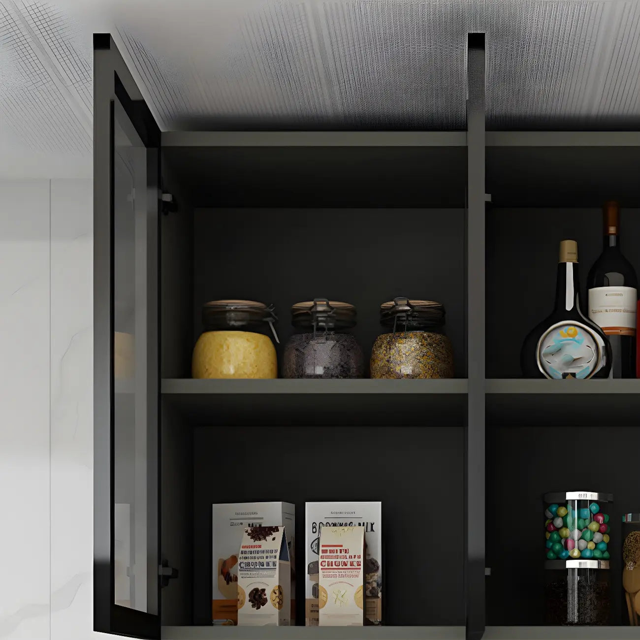 Vitrine de cuisine suspendue en bois gris avec porte vitrée