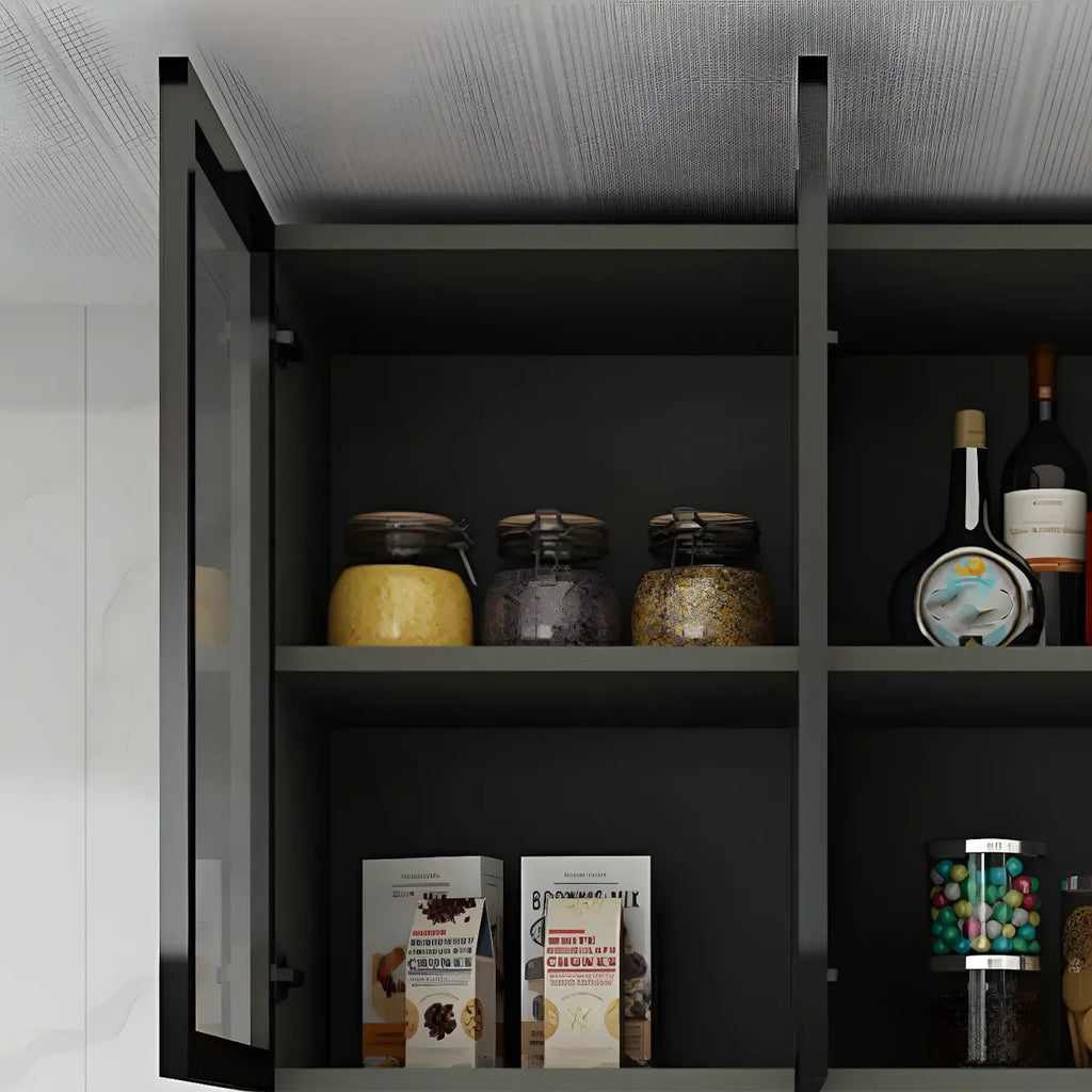 Vitrine de cuisine suspendue en bois gris avec porte vitrée