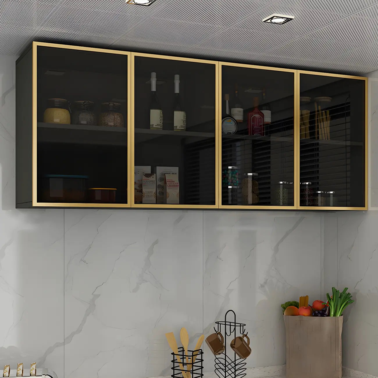Vitrine de cuisine suspendue en bois gris avec porte vitrée