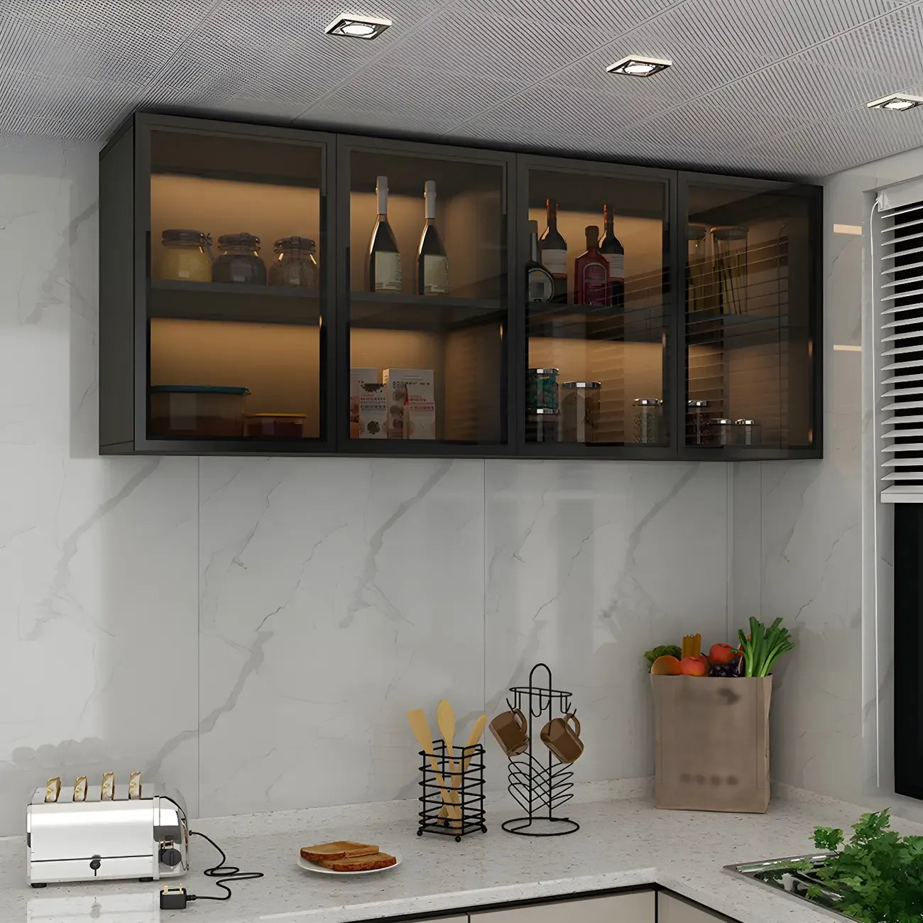 Vitrine de cuisine suspendue en bois gris avec porte vitrée