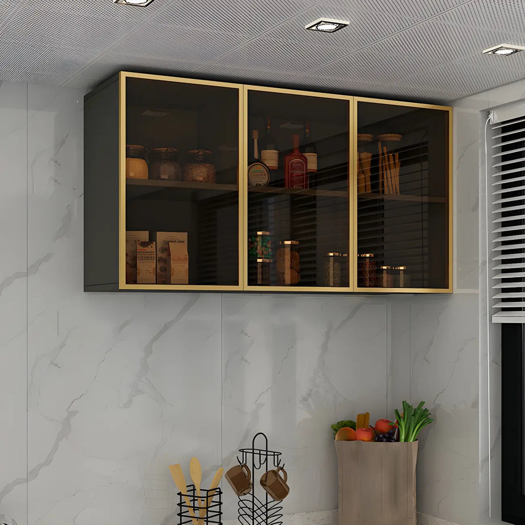 Vitrine de cuisine suspendue en bois gris avec porte vitrée