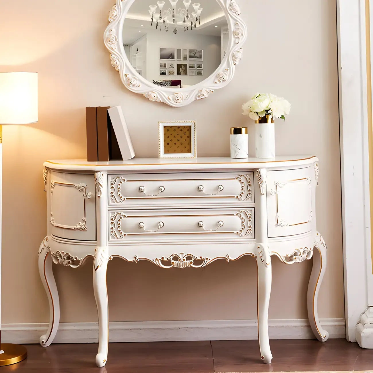 Console en bois blanc français avec tiroirs et revêtement anti-rayures