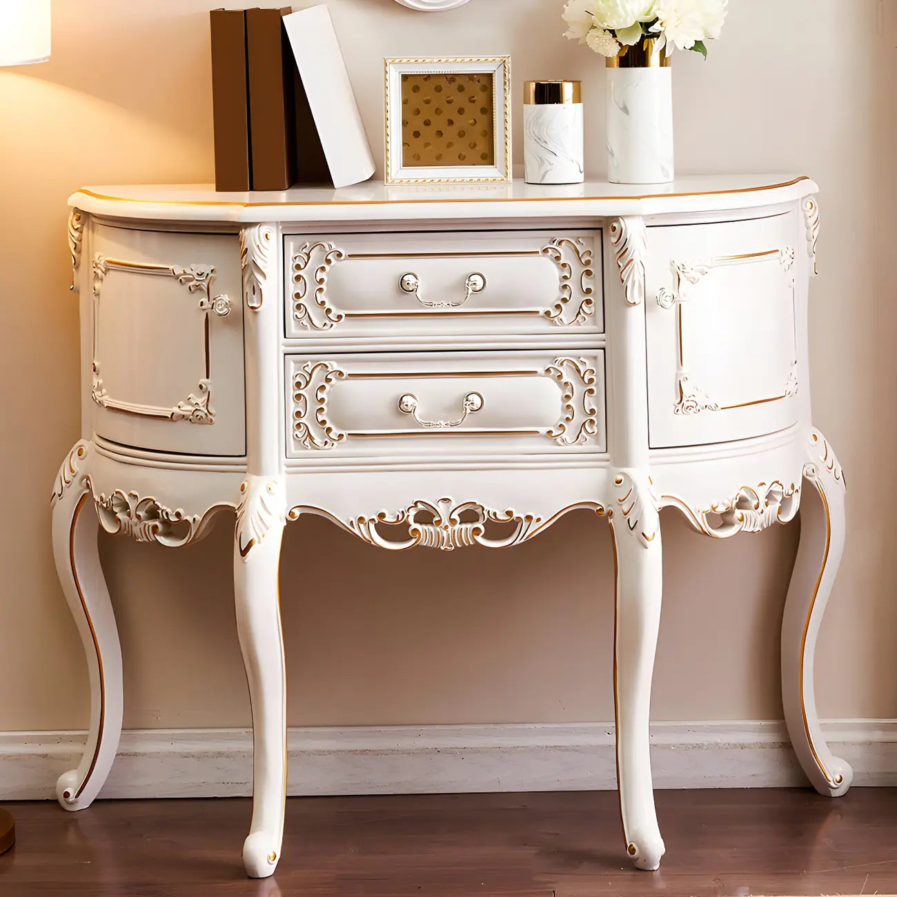 Console en bois blanc français avec tiroirs et revêtement anti-rayures