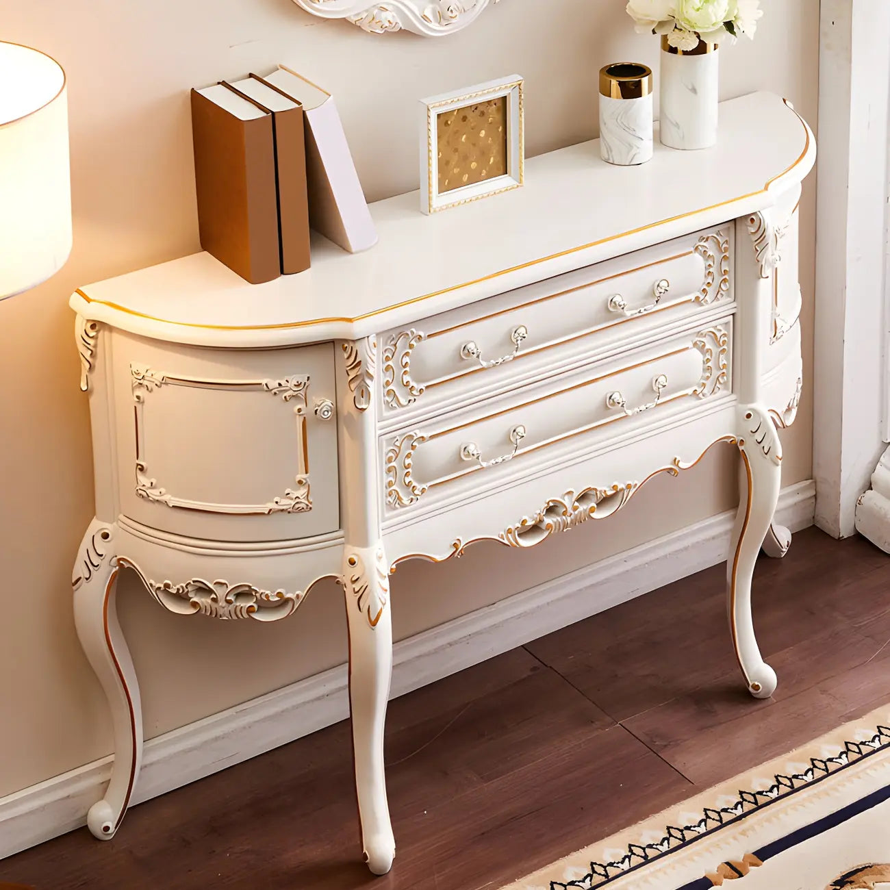 Console en bois blanc français avec tiroirs et revêtement anti-rayures