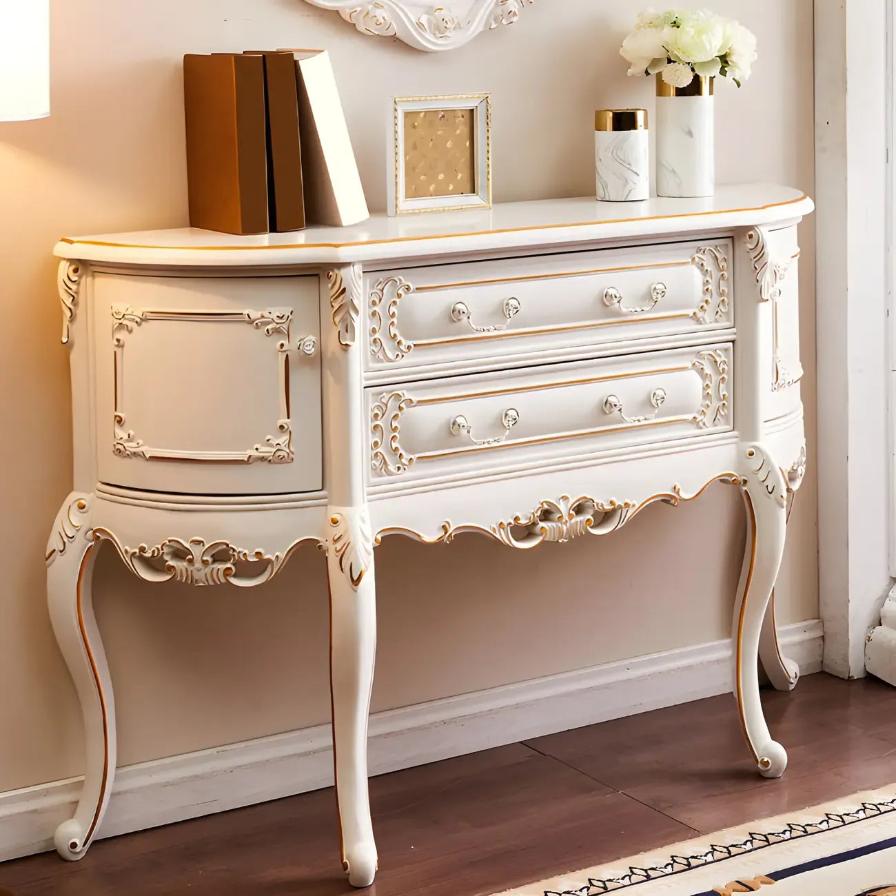 Console en bois blanc français avec tiroirs et revêtement anti-rayures