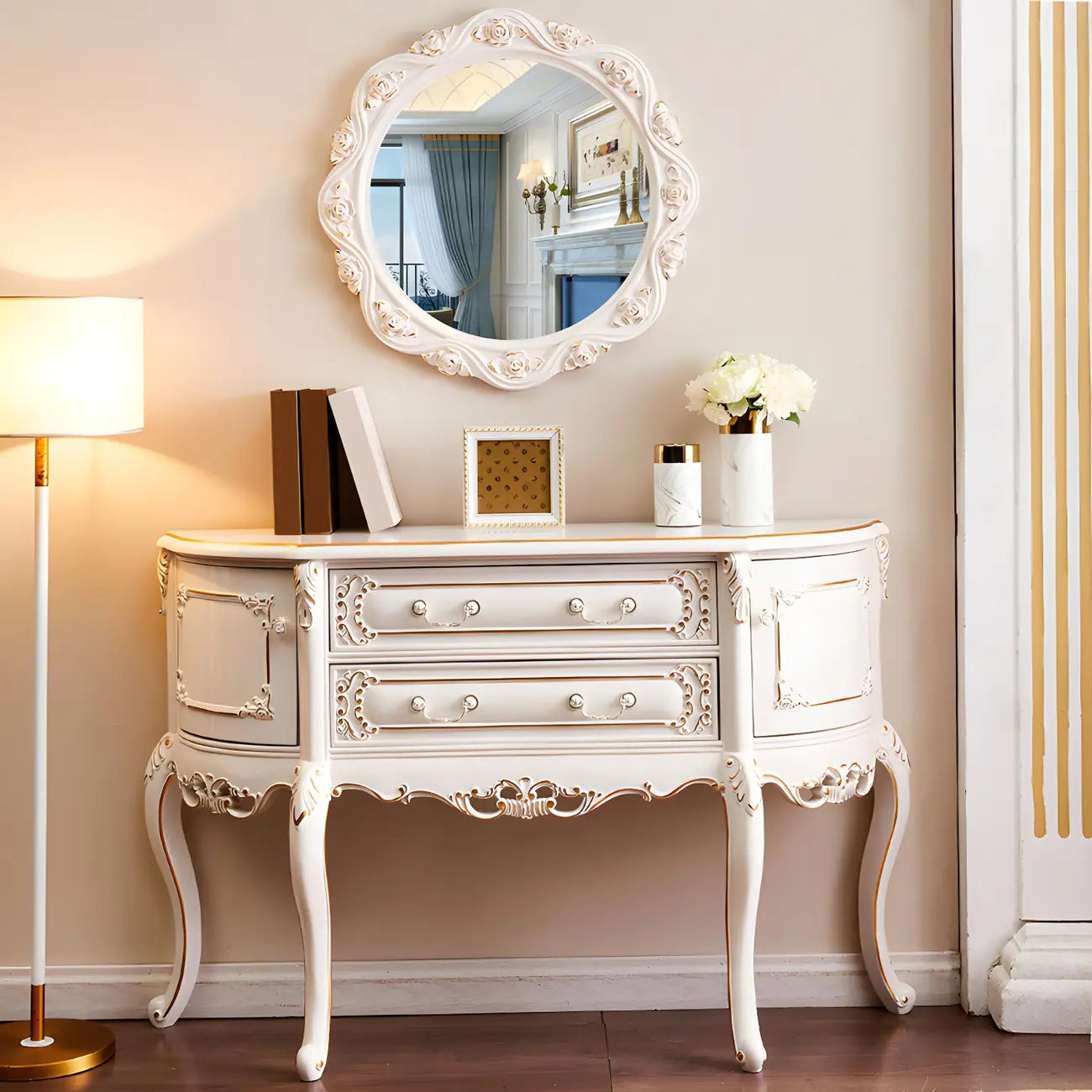 Console en bois blanc français avec tiroirs et revêtement anti-rayures