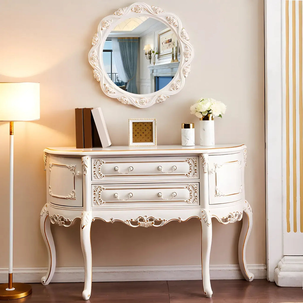 Console en bois blanc français avec tiroirs et revêtement anti-rayures