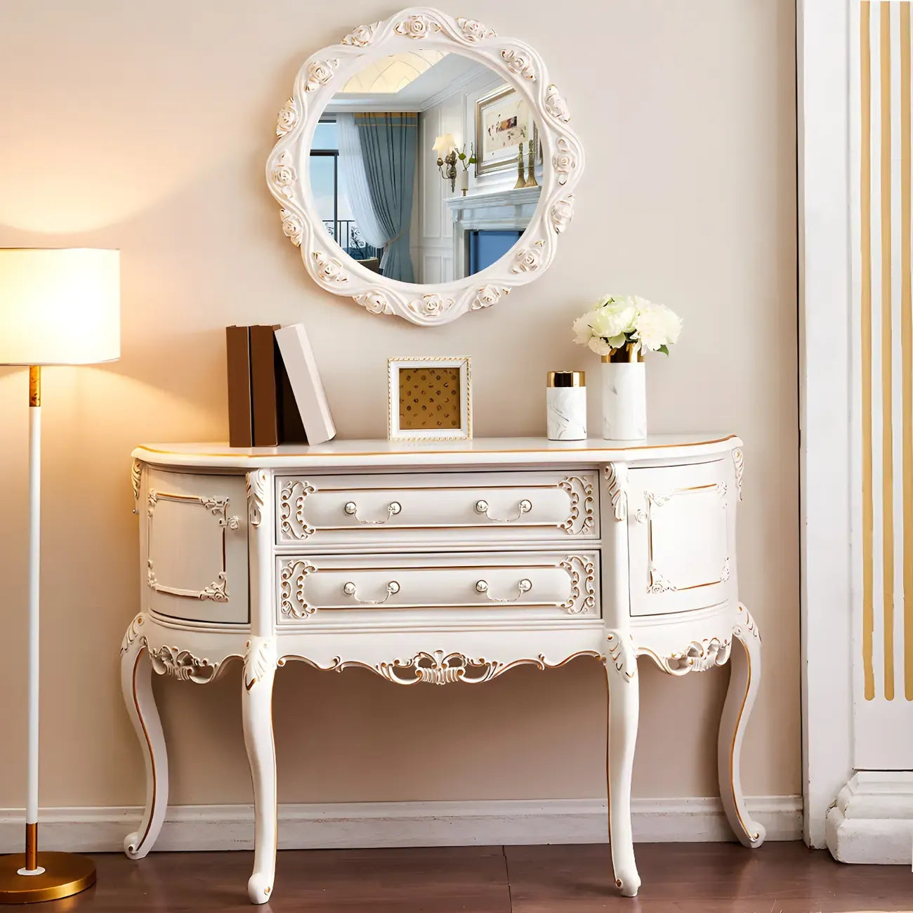 Console en bois blanc français avec tiroirs et revêtement anti-rayures