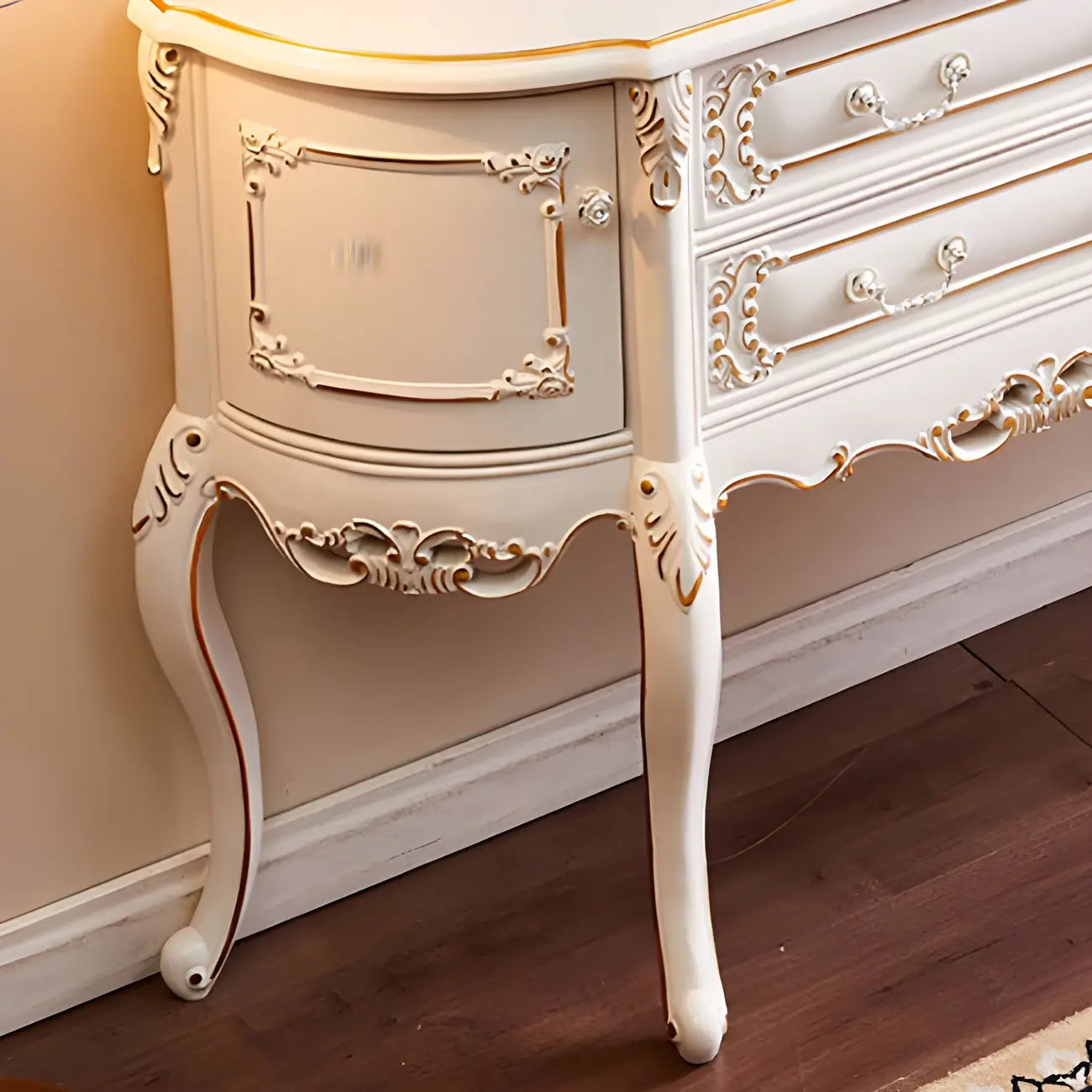 Console en bois blanc français avec tiroirs et revêtement anti-rayures