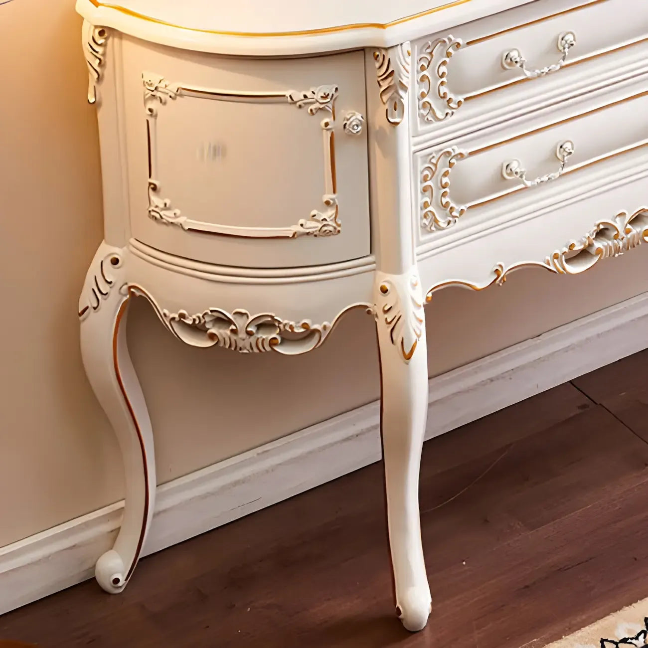 Console en bois blanc français avec tiroirs et revêtement anti-rayures