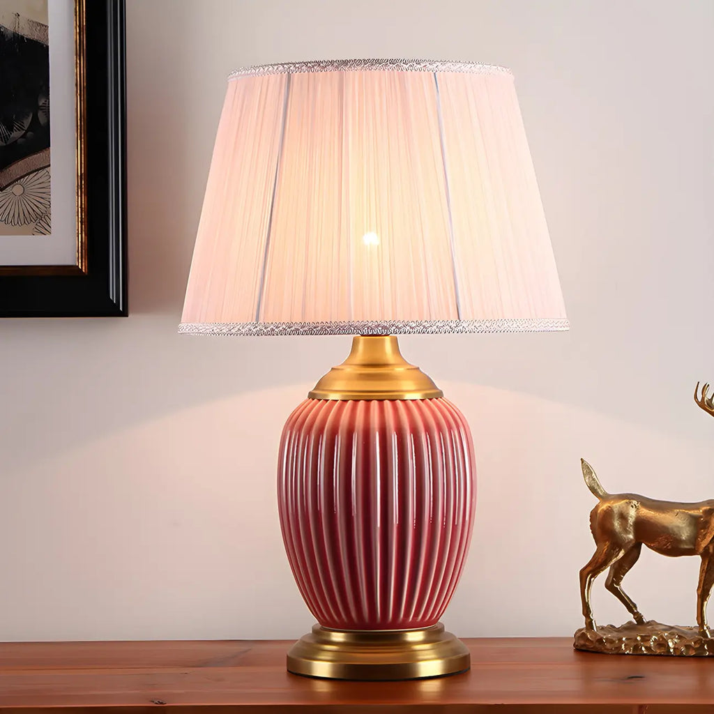 Lampe de table élégante en céramique avec abat-jour en tissu en forme de tonneau pour chambre à coucher