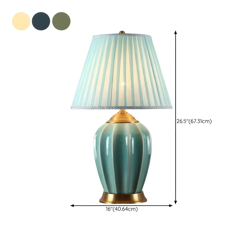 Lampe de table élégante en céramique avec abat-jour en tissu en forme de tonneau pour chambre à coucher
