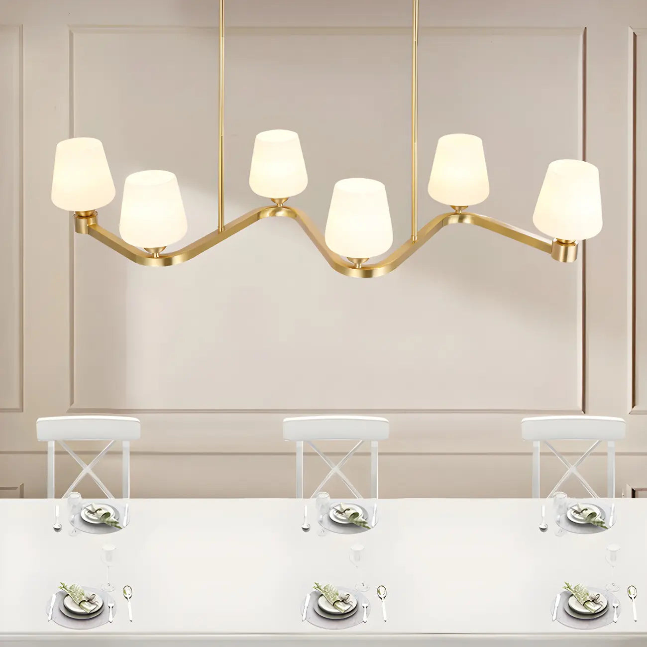 Suspension îlot de cuisine réglable à 6 lumières en laiton et verre