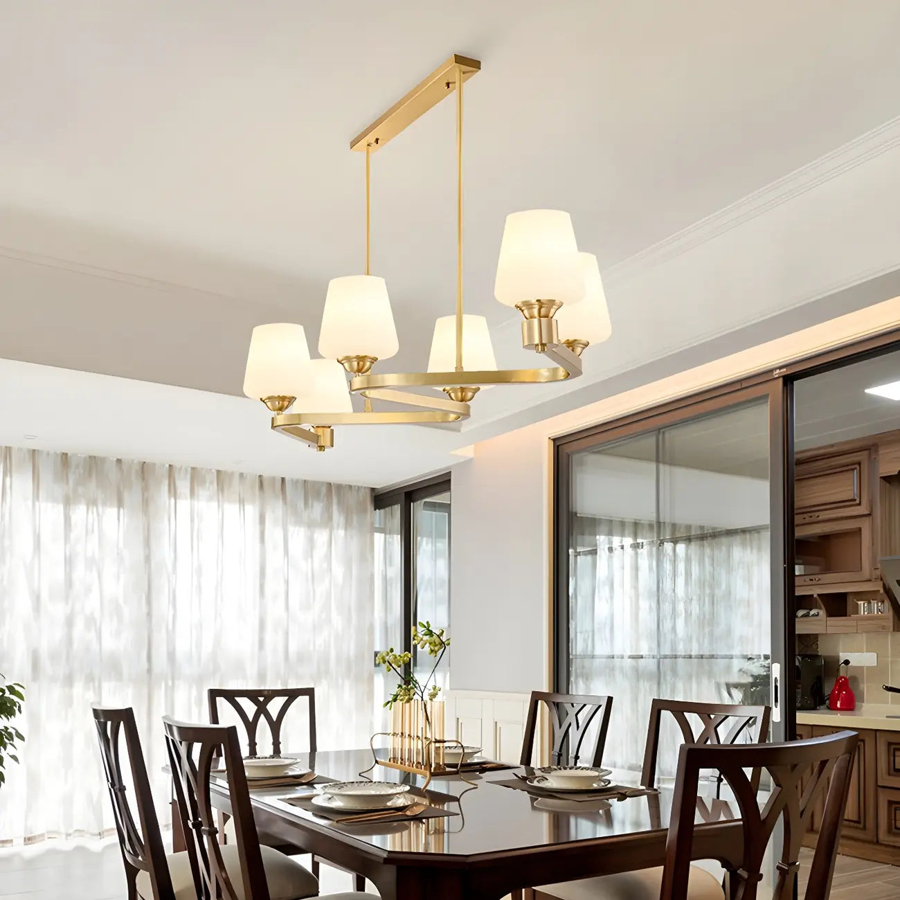 Suspension îlot de cuisine réglable à 6 lumières en laiton et verre