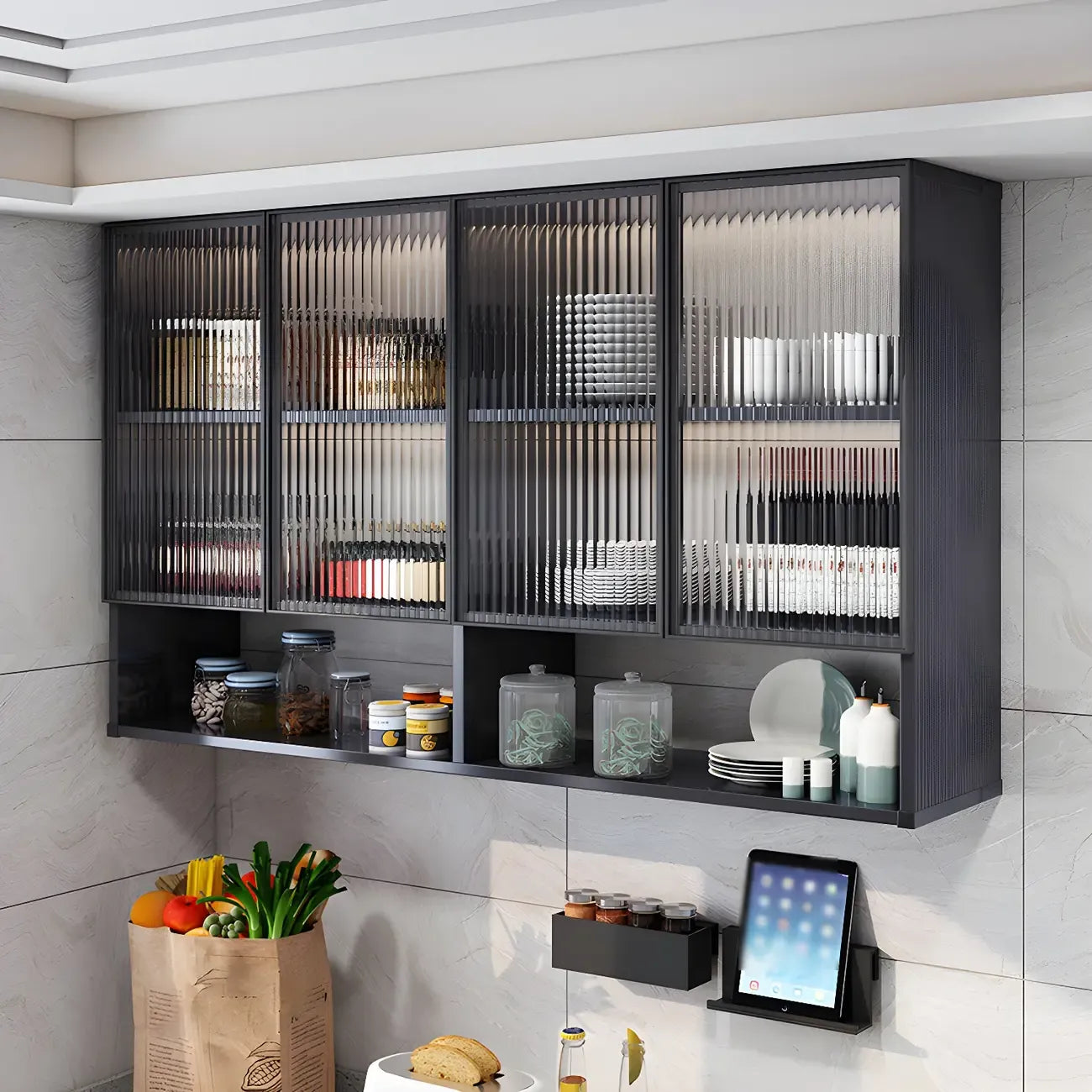 Meuble de rangement suspendu en métal gris pour cuisine