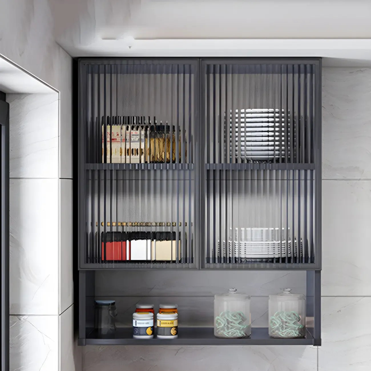 Meuble de rangement suspendu en métal gris pour cuisine