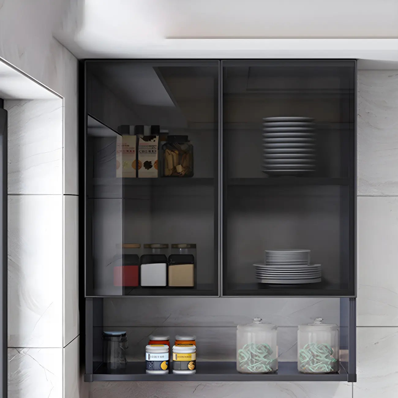Meuble de rangement suspendu en métal gris pour cuisine