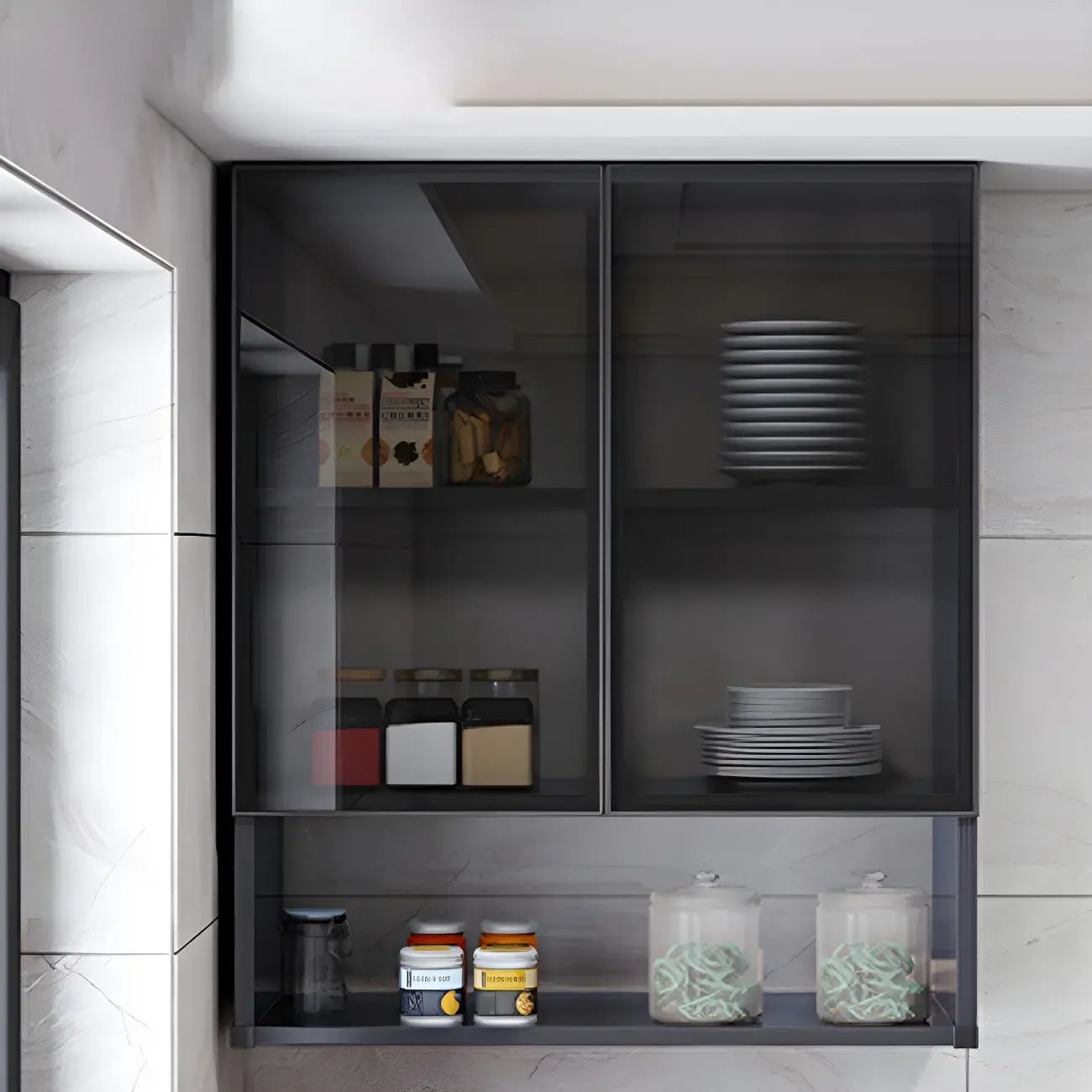 Meuble de rangement suspendu en métal gris pour cuisine