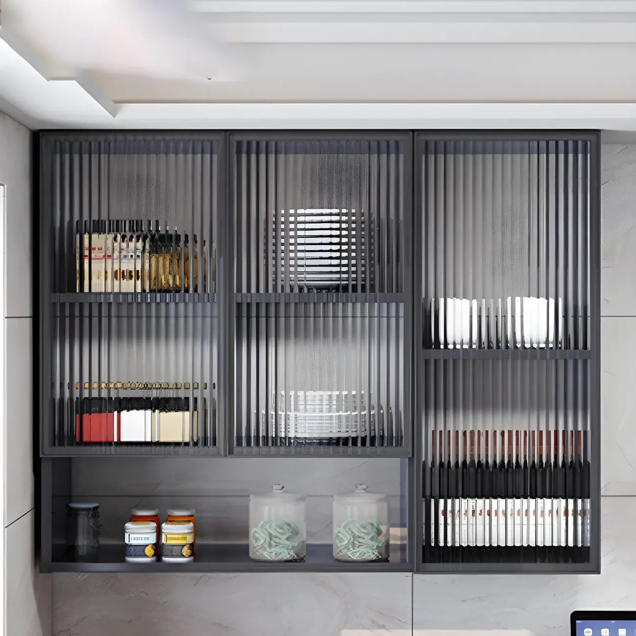 Meuble de rangement suspendu en métal gris pour cuisine