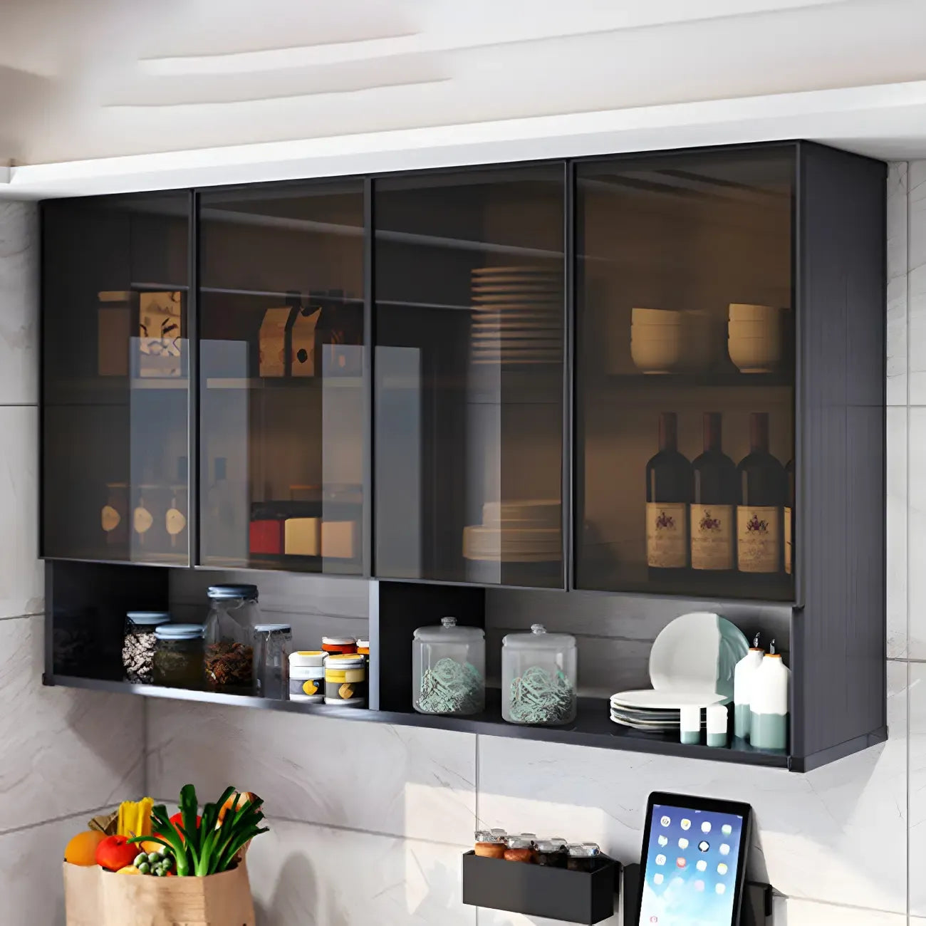 Meuble de rangement suspendu en métal gris pour cuisine