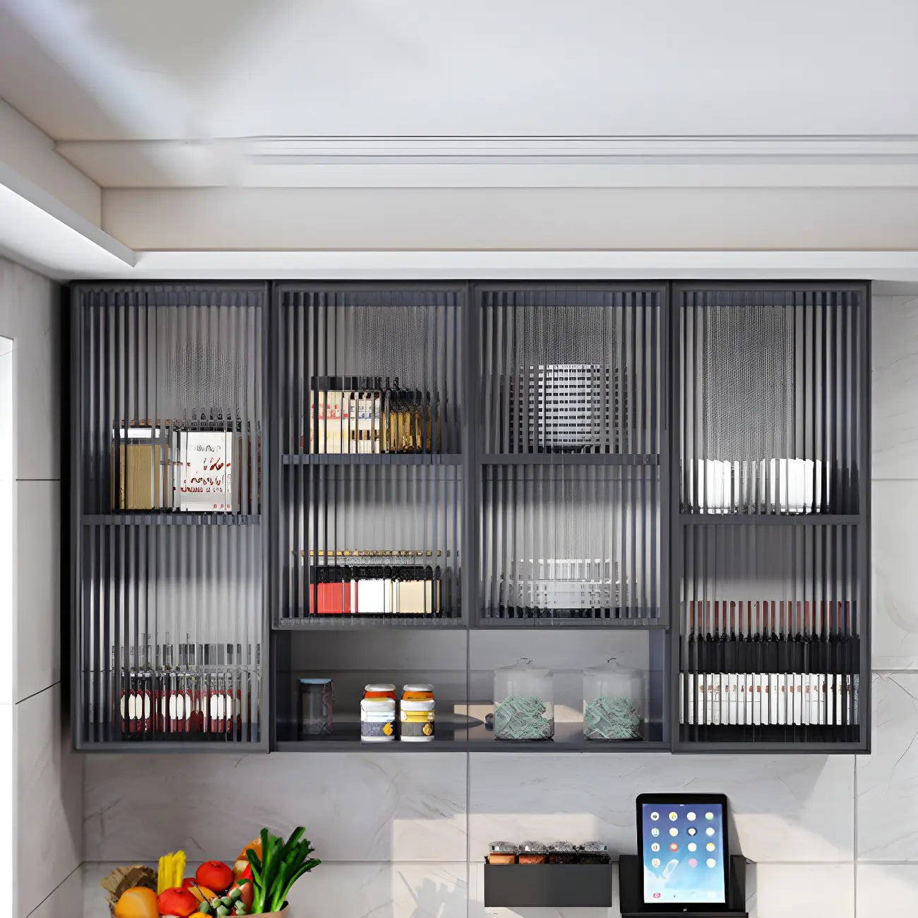 Meuble de rangement suspendu en métal gris pour cuisine