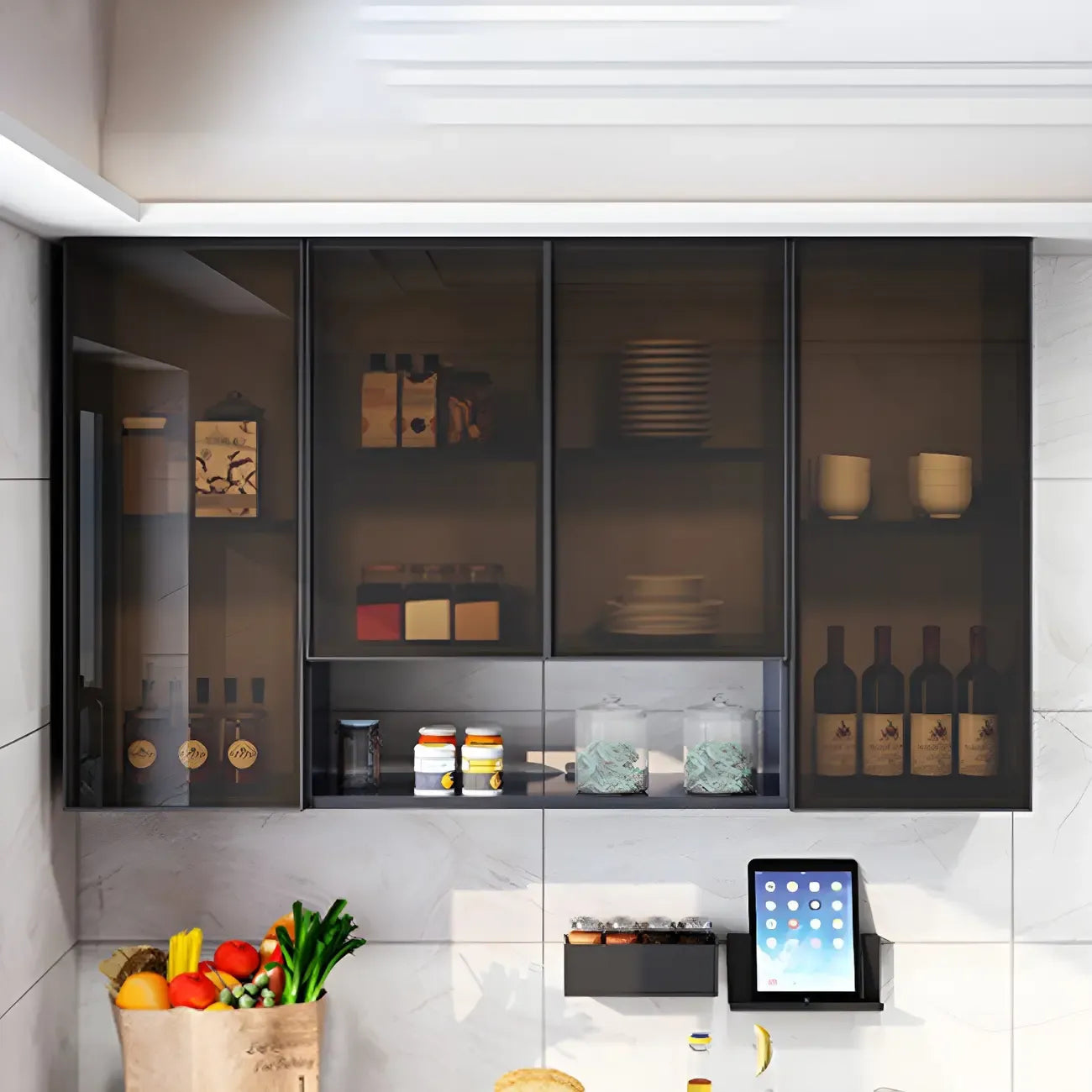 Meuble de rangement suspendu en métal gris pour cuisine