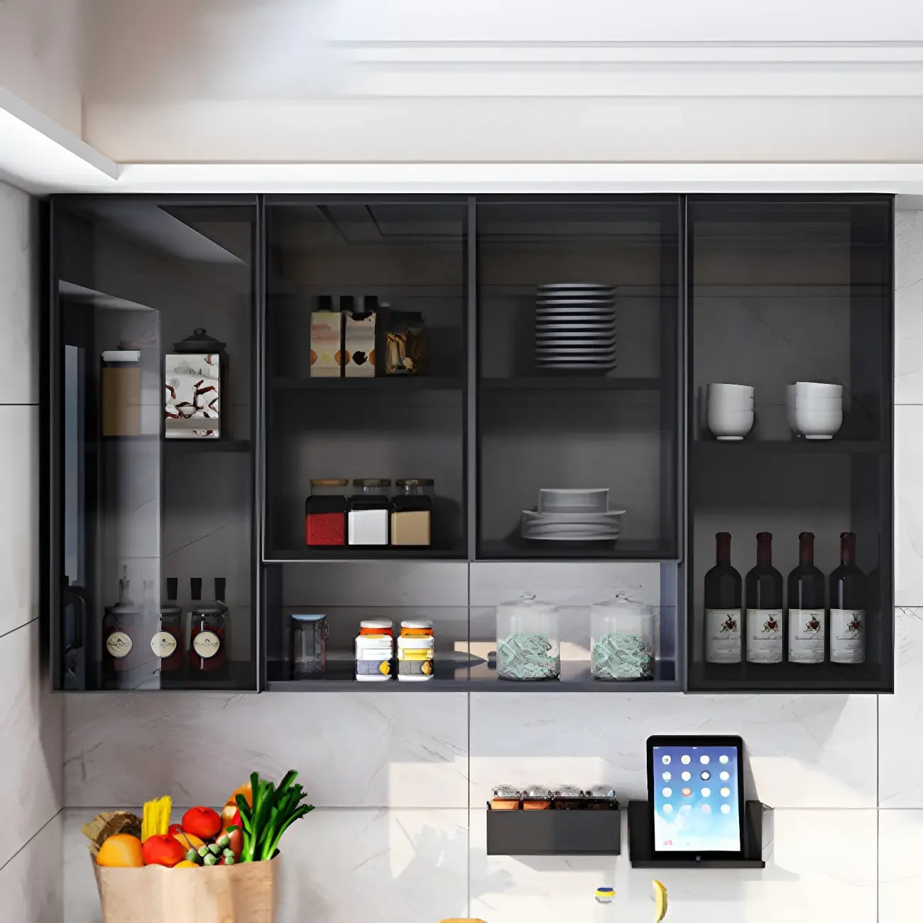 Meuble de rangement suspendu en métal gris pour cuisine