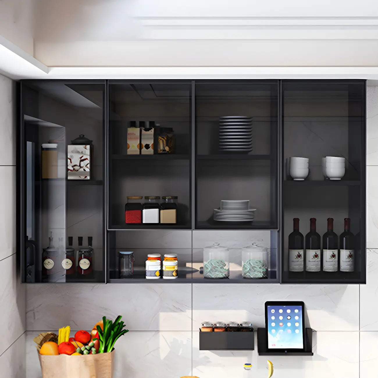 Meuble de rangement suspendu en métal gris pour cuisine