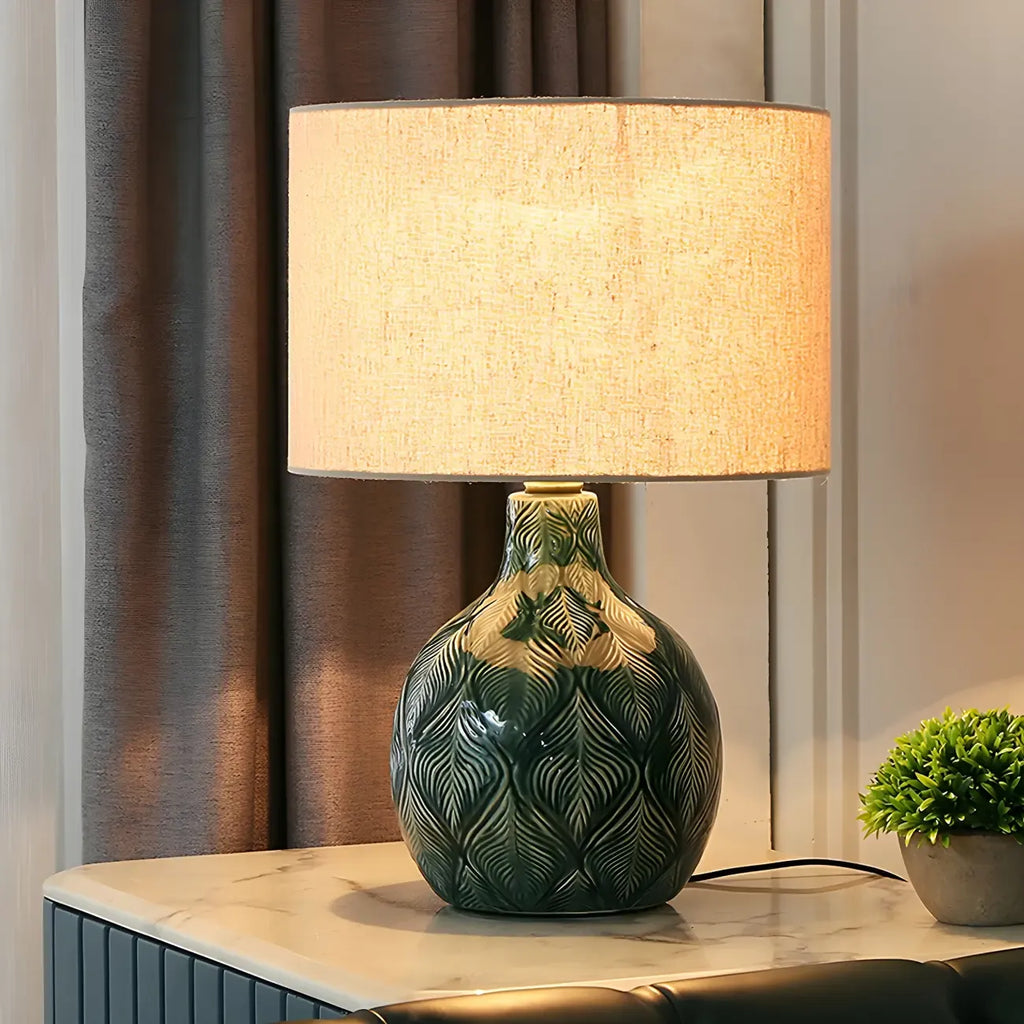 Lampe de chevet LED en céramique verte exquise, idéale pour les yeux.