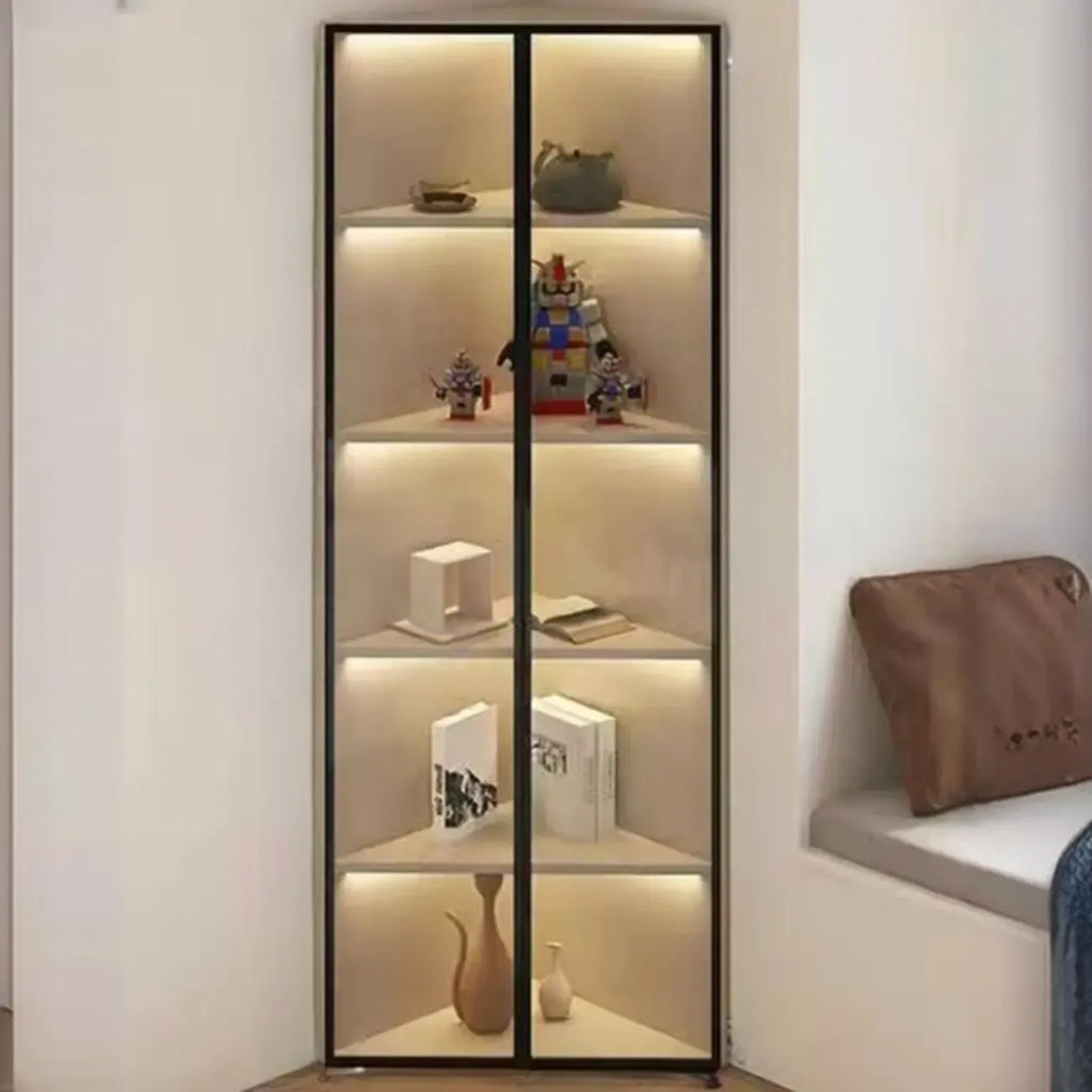 Vitrine d'angle moderne en métal gris et bois avec porte vitrée