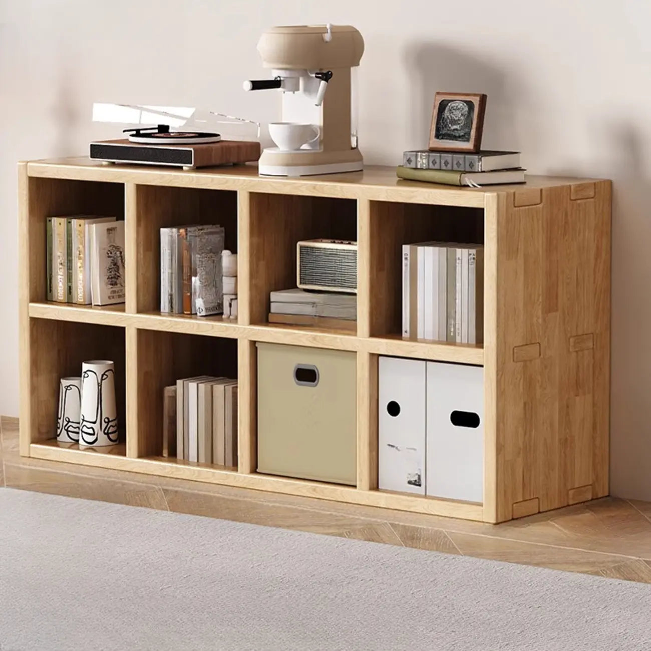 Bibliothèque horizontale moderne en bois à 8 cubes, finition naturelle