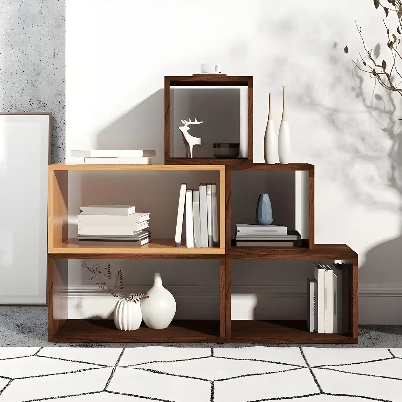 Bibliothèque cubique géométrique minimaliste en bois massif à dos ouvert
