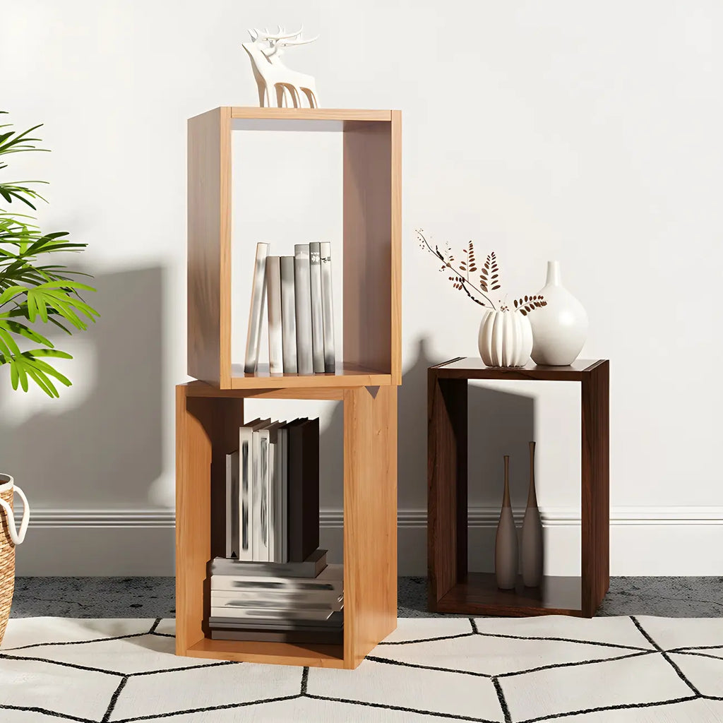 Bibliothèque cubique géométrique minimaliste en bois massif à dos ouvert