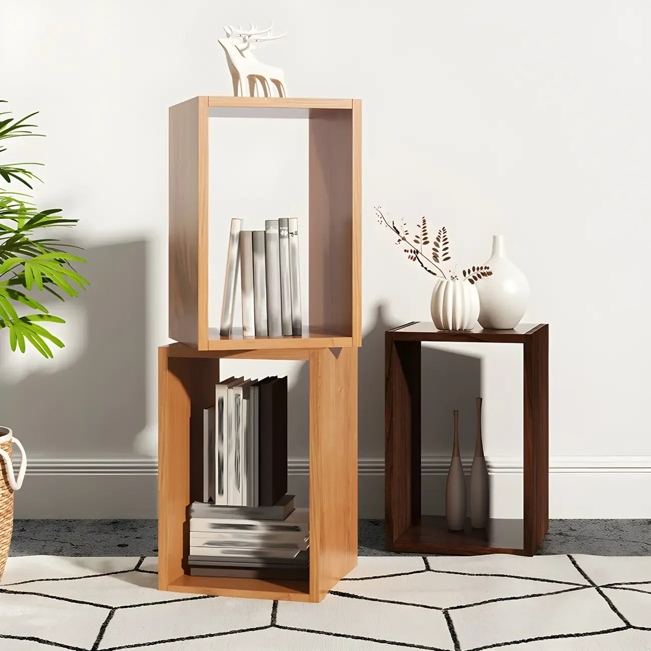 Bibliothèque cubique géométrique minimaliste en bois massif à dos ouvert