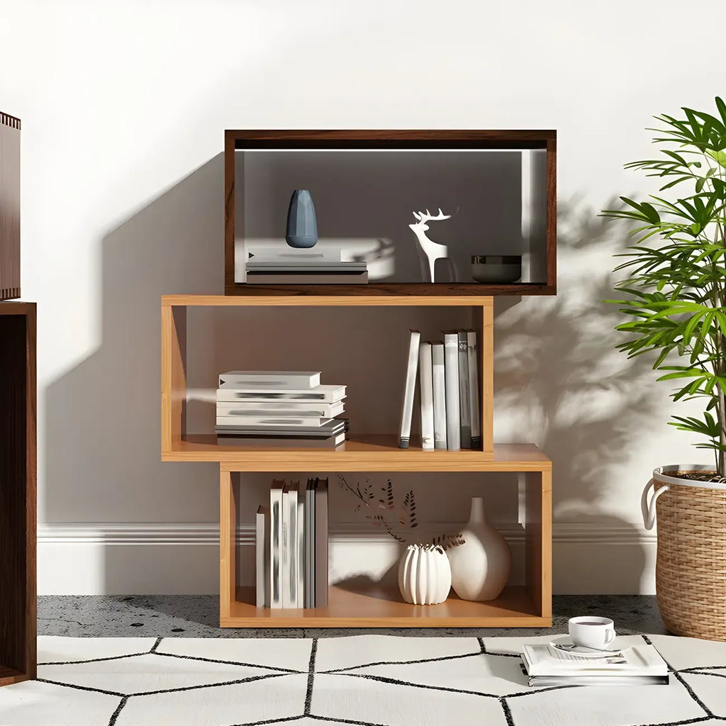 Bibliothèque cubique géométrique minimaliste en bois massif à dos ouvert