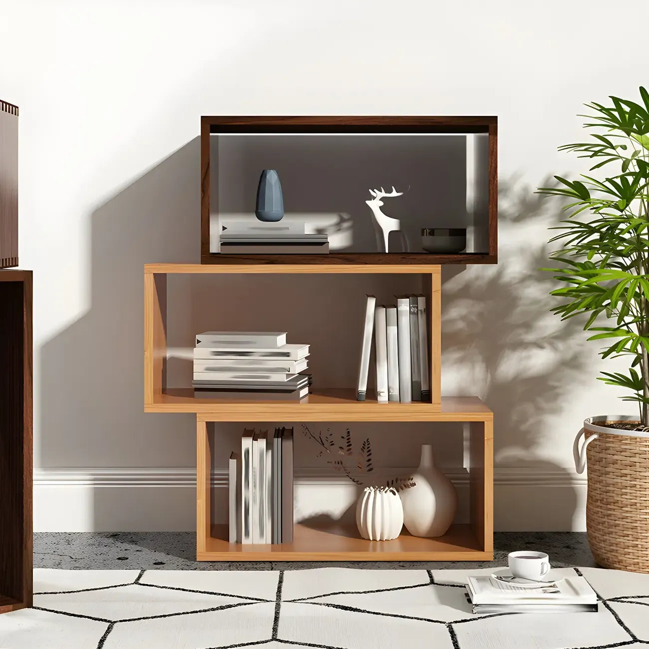 Bibliothèque cubique géométrique minimaliste en bois massif à dos ouvert