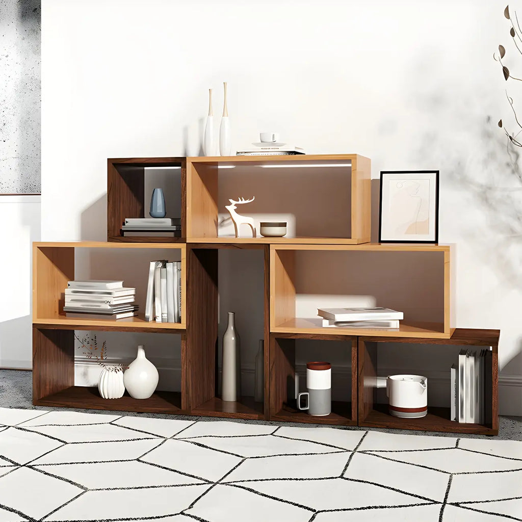 Bibliothèque cubique géométrique minimaliste en bois massif à dos ouvert