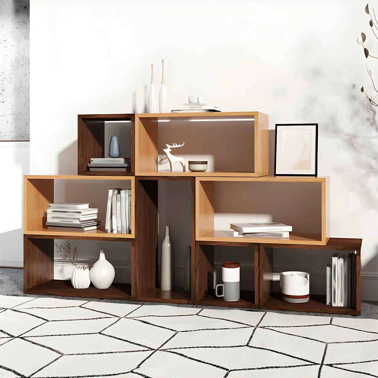Bibliothèque cubique géométrique minimaliste en bois massif à dos ouvert