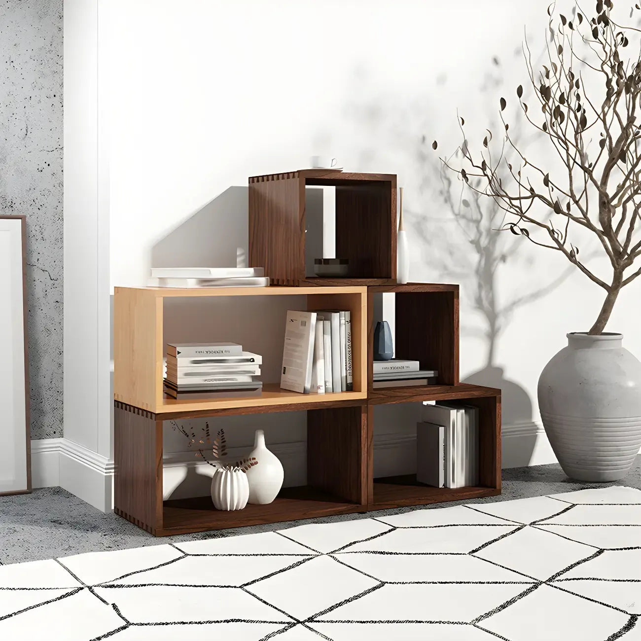 Bibliothèque cubique géométrique minimaliste en bois massif à dos ouvert
