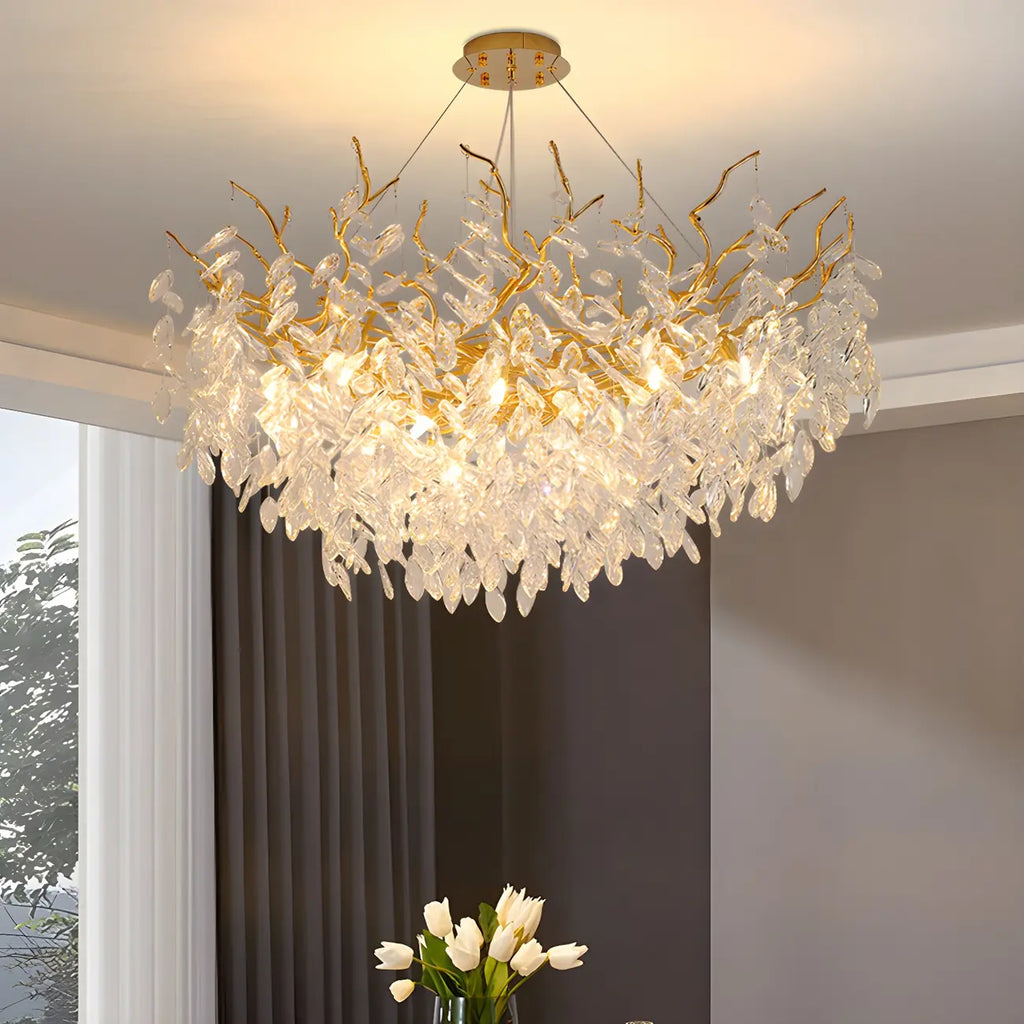 Lustre élégant en cristal doré à branches réglables en hauteur