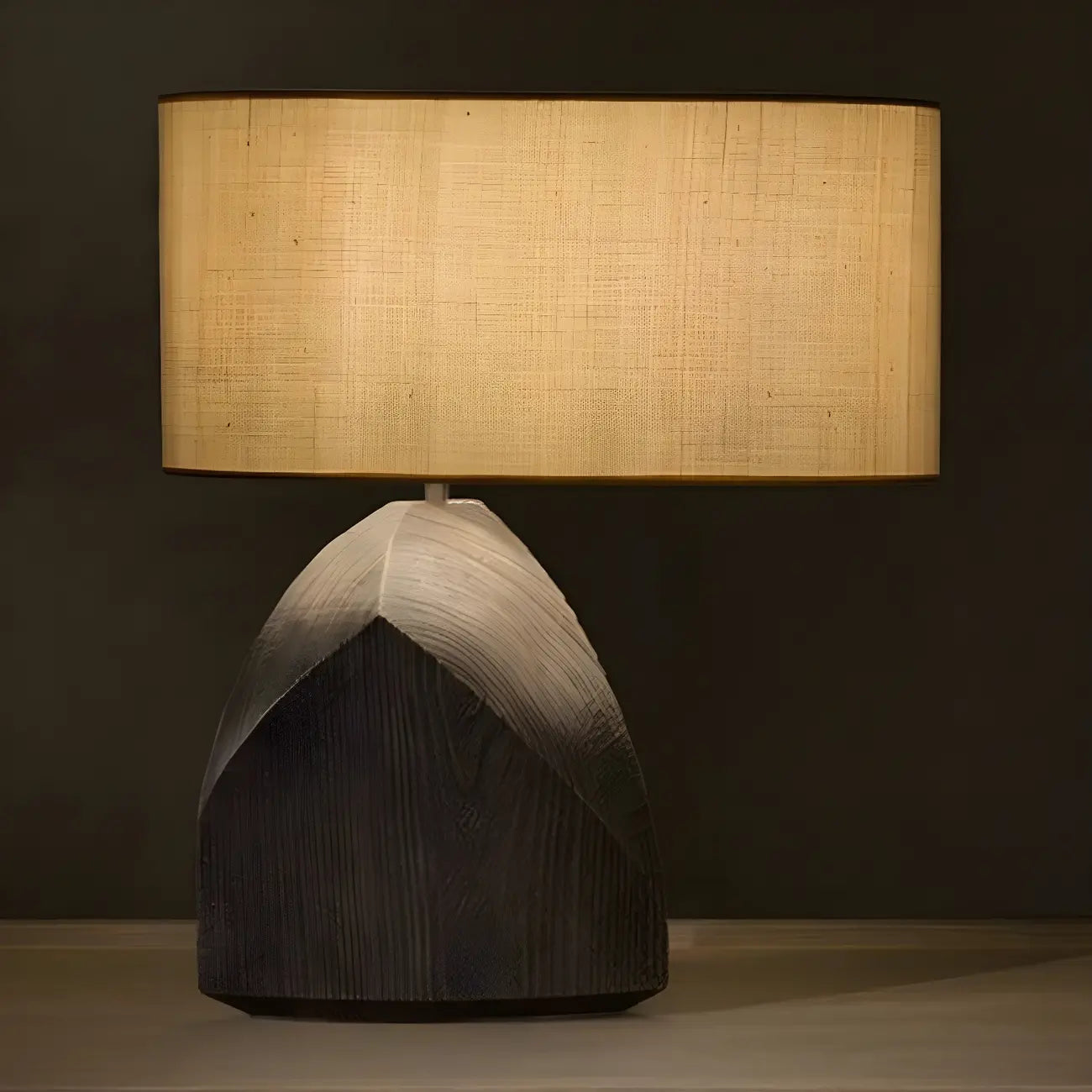 Lampada da Tavolo Comodino con LED, in Legno Naturale e Tessuto, Stile Japandi