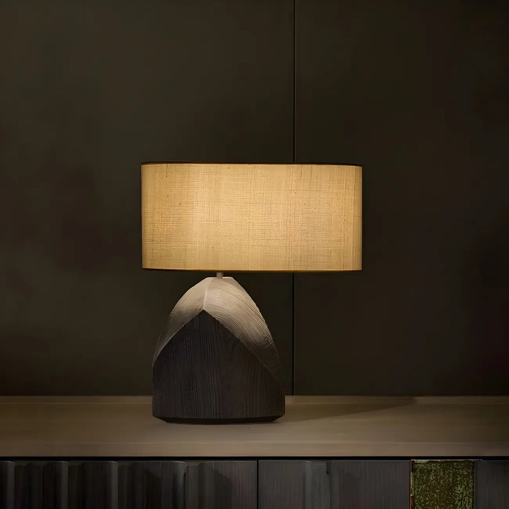 Lampada da Tavolo Comodino con LED, in Legno Naturale e Tessuto, Stile Japandi