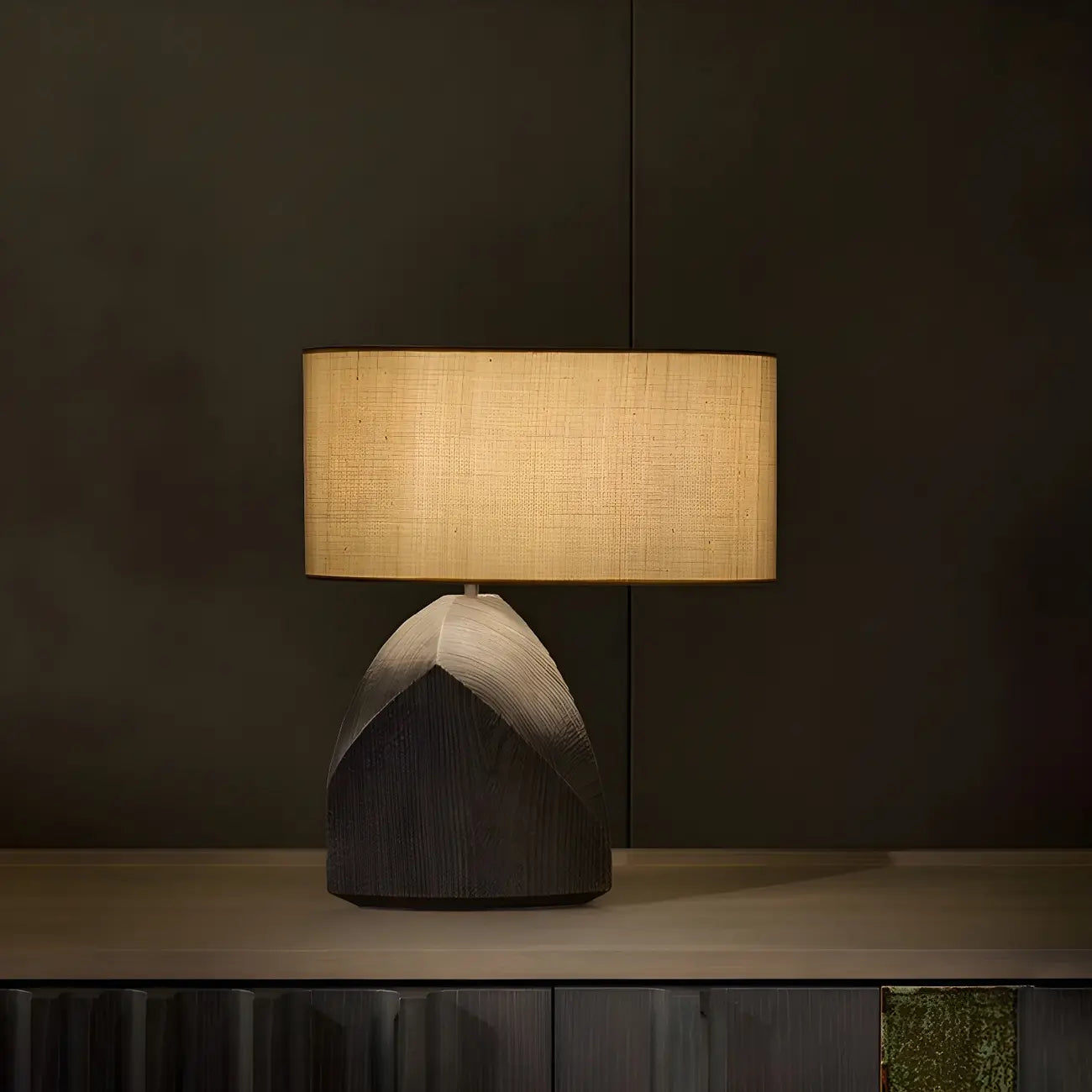 Lampada da Tavolo Comodino con LED, in Legno Naturale e Tessuto, Stile Japandi