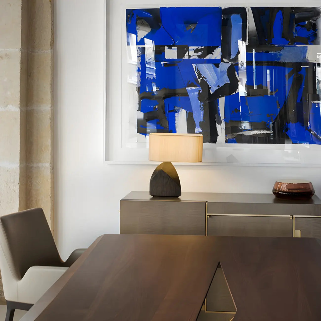 Lampada da Tavolo Comodino con LED, in Legno Naturale e Tessuto, Stile Japandi