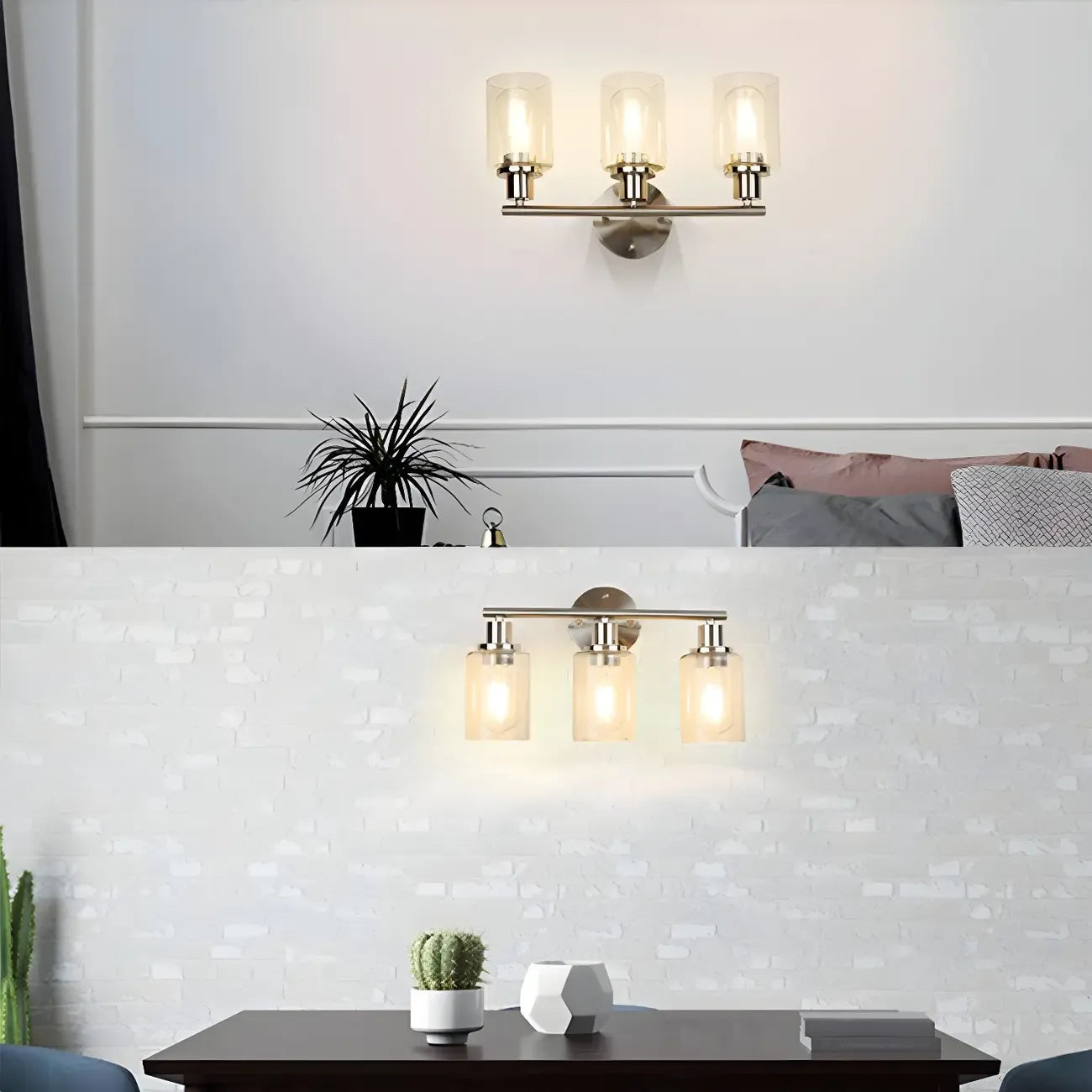 Appliques murales classiques argentées tubulaires avec abat-jour en verre pour salle de bain