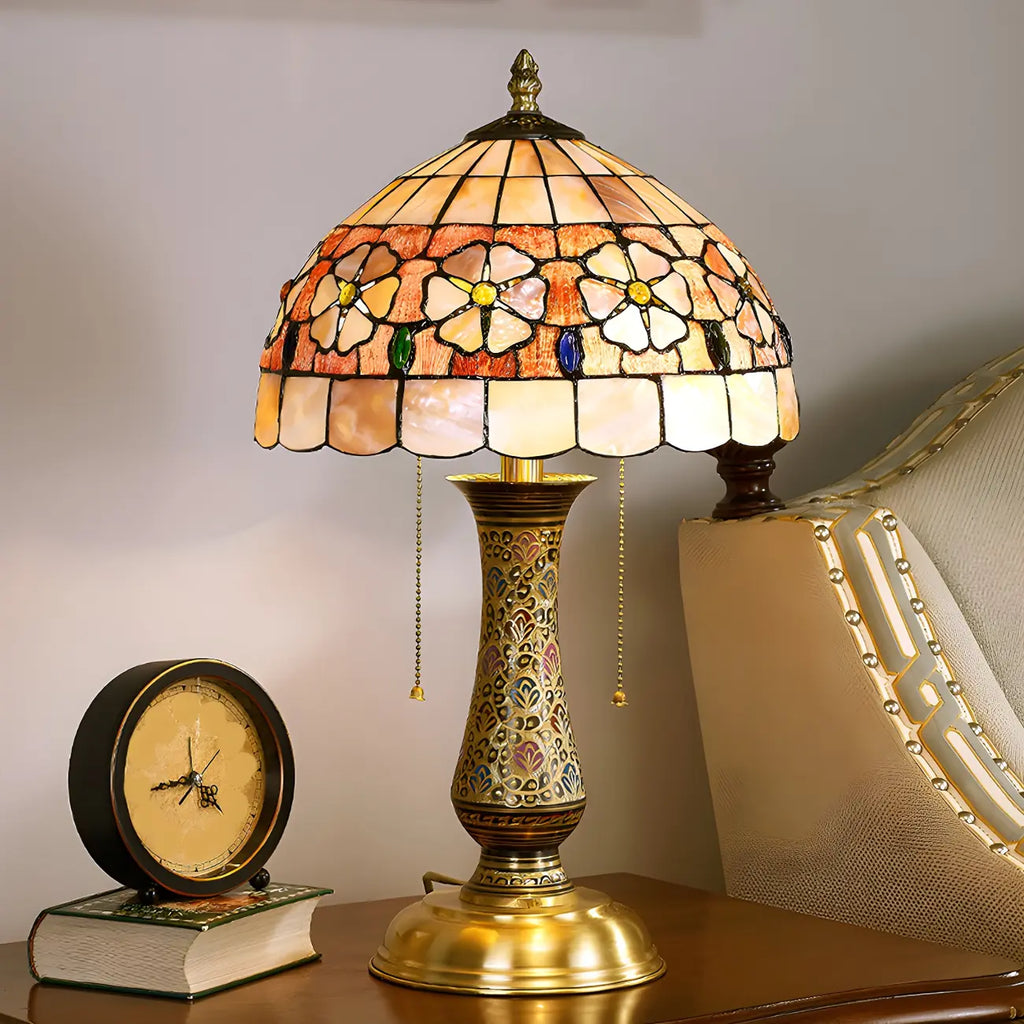 Lampada da tavolo a 2 luci a forma di cupola in vetro colorato ottone anticato