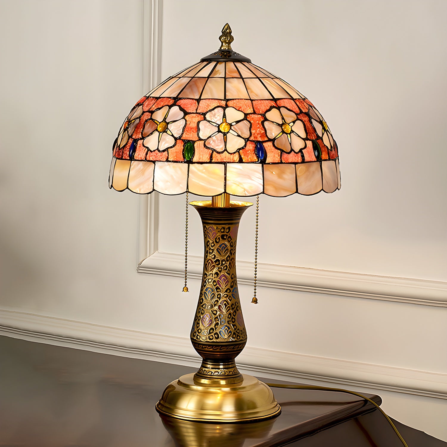 Lampada da tavolo a 2 luci a forma di cupola in vetro colorato ottone anticato