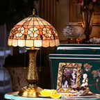 Lampada da tavolo a 2 luci a forma di cupola in vetro colorato ottone anticato