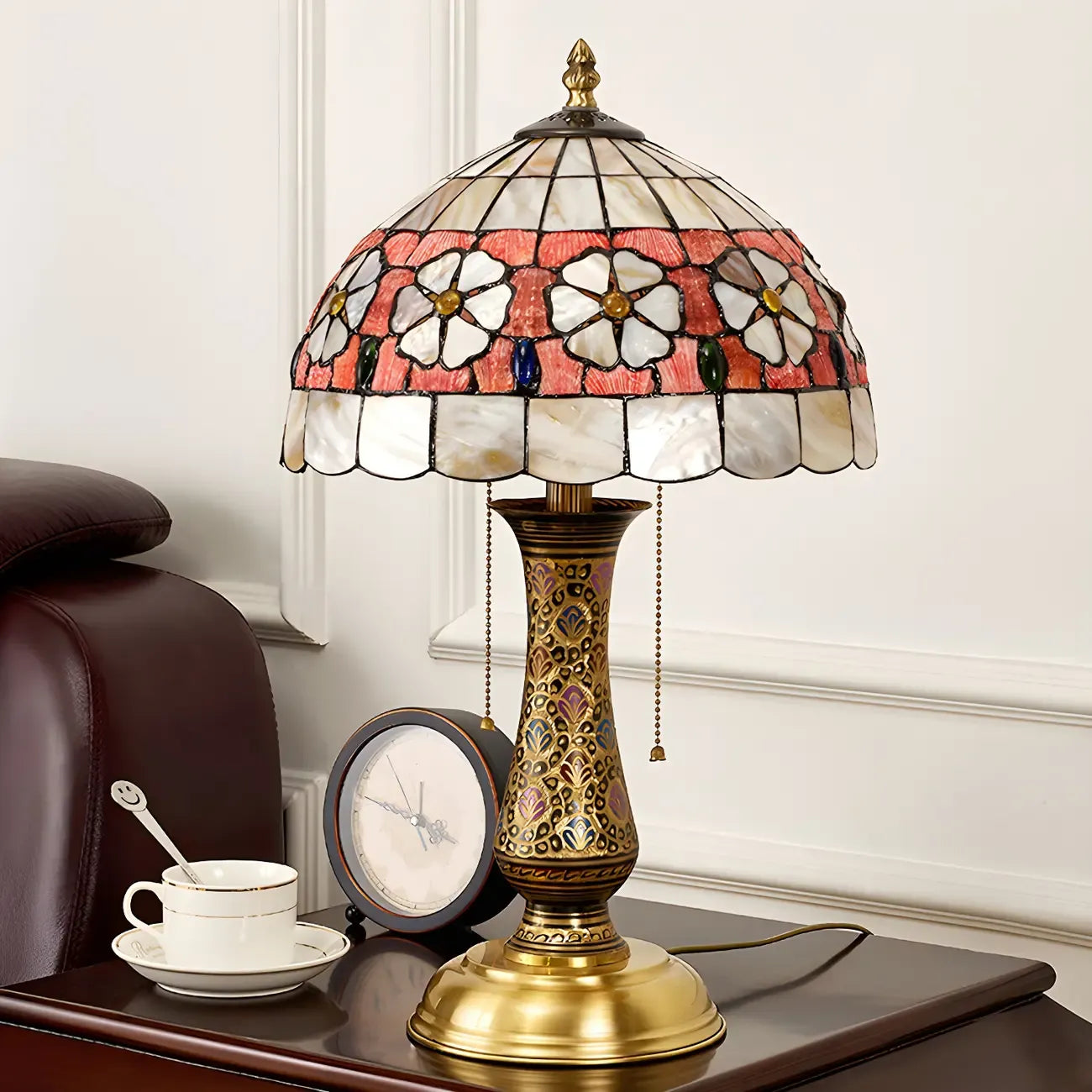 Lampada da tavolo a 2 luci a forma di cupola in vetro colorato ottone anticato