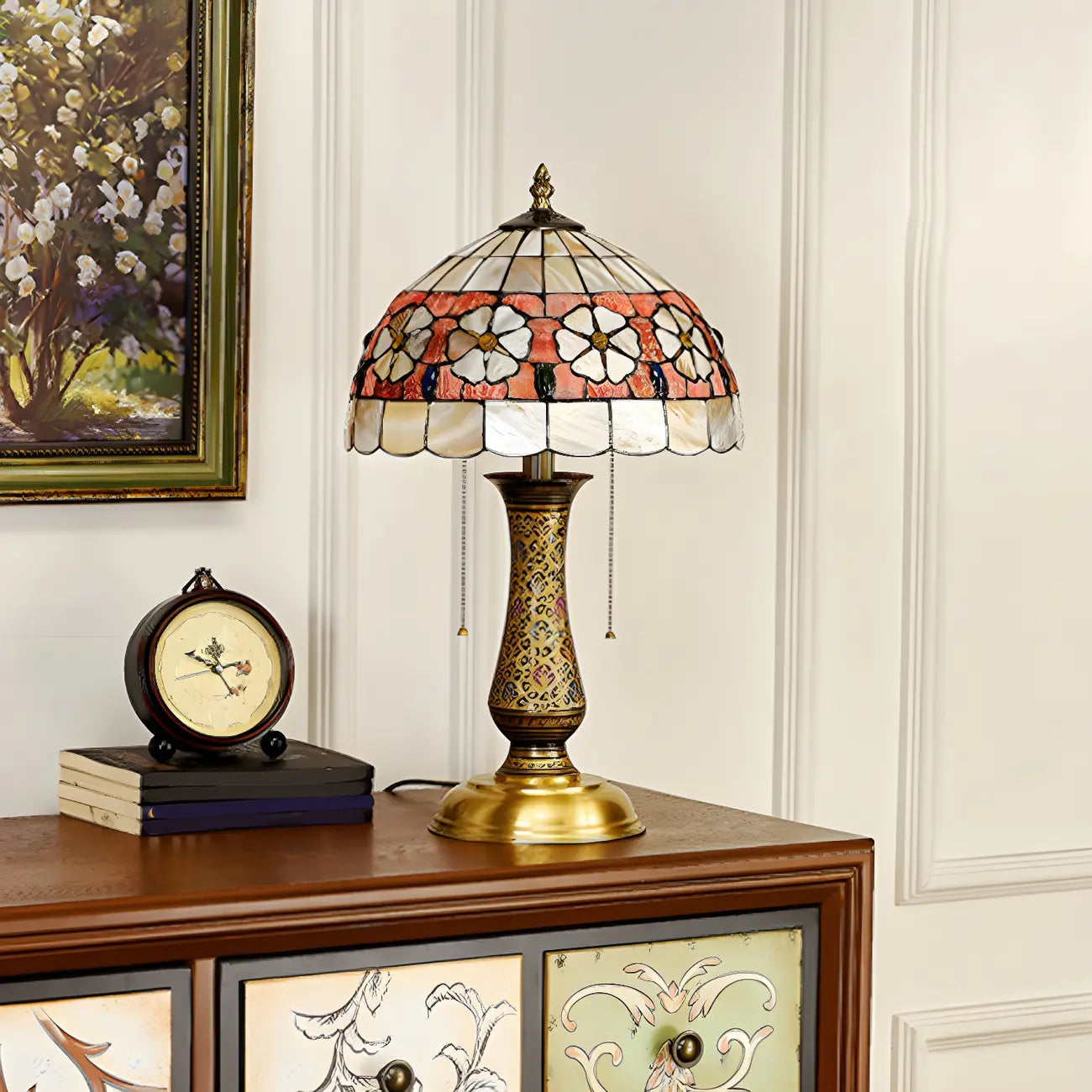 Lampada da tavolo a 2 luci a forma di cupola in vetro colorato ottone anticato